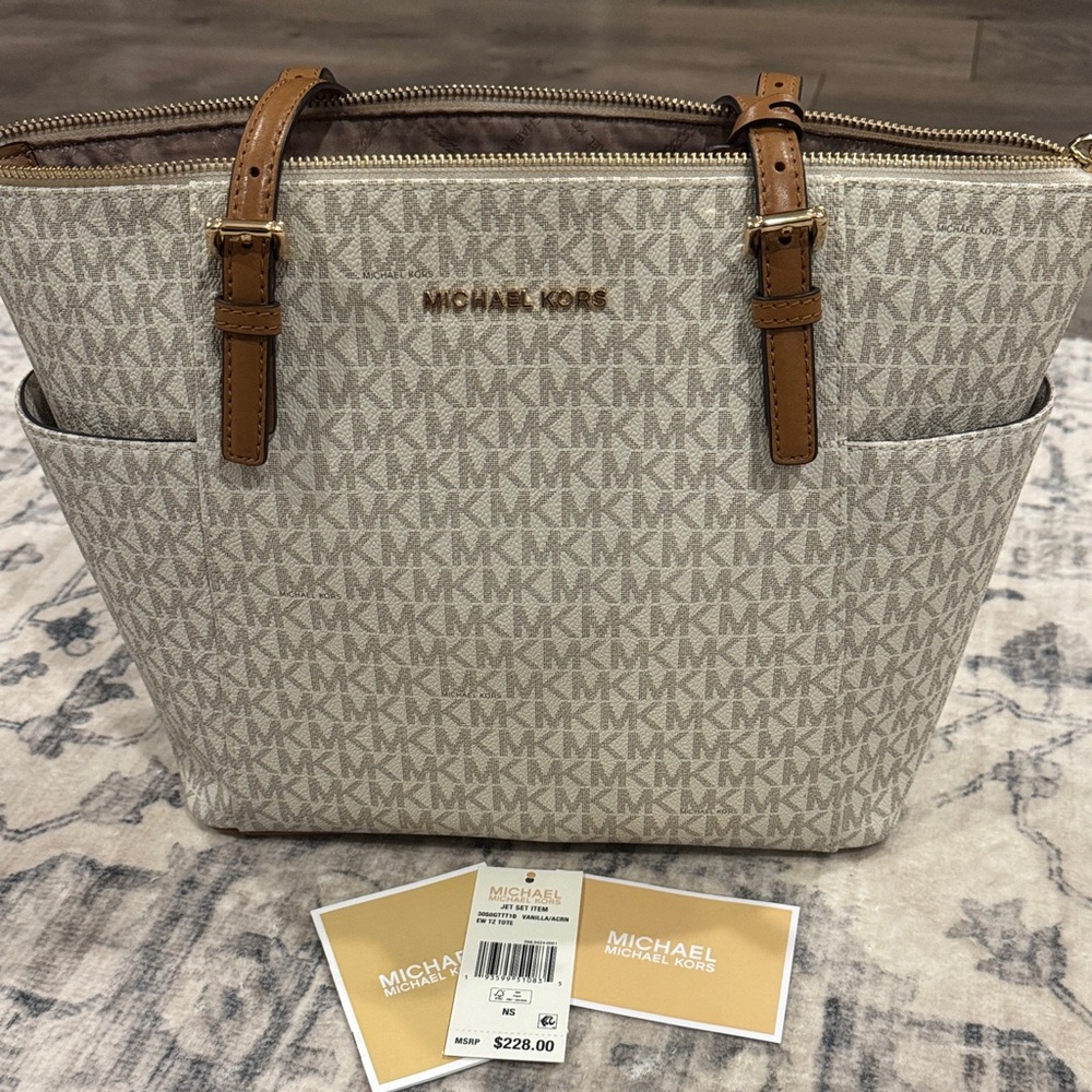 Michael Kors Cream Monogram Handbag with Tan Straps